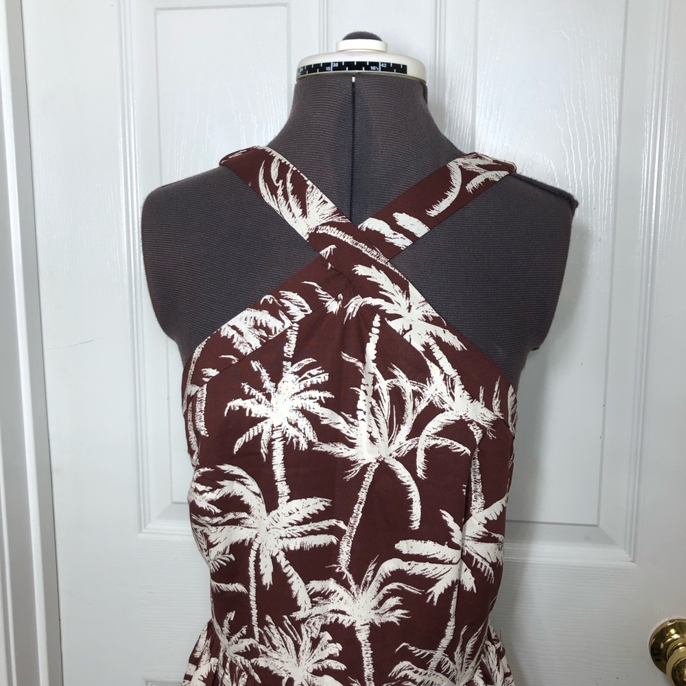 Express Cotton Blend Brown White Tropical Halter Neck Summer Brunch Midi Dress M - Picture 3 of 15